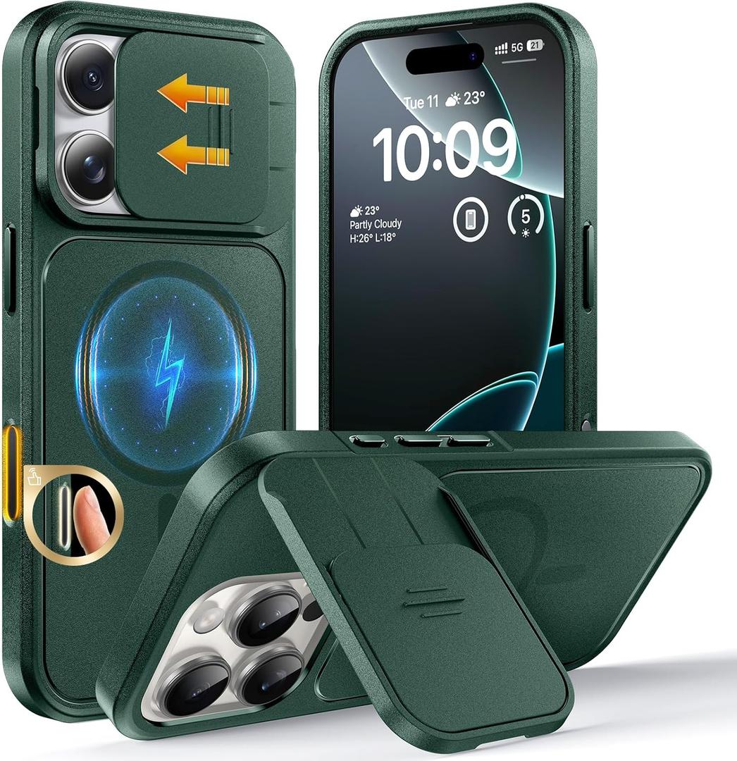 TOCOL for iPhone 16 Pro Case with Slide Camera Cover, Kickstand and Camera Control Button, Fit for MagSafe, Rugged Solid Phone Case, Non-Slip, Drop Protection, Alpine Green