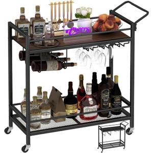LAATOOREE Bar Cart, Two-Color Home Bar Serving Cart, Mobile Drink Beverage Cart with 2 Storage Shelves, Rolling Kitchen Cart with Wine and Glass Holder, for Dining Room, Living Room, Kitchen (Walnut + Black)