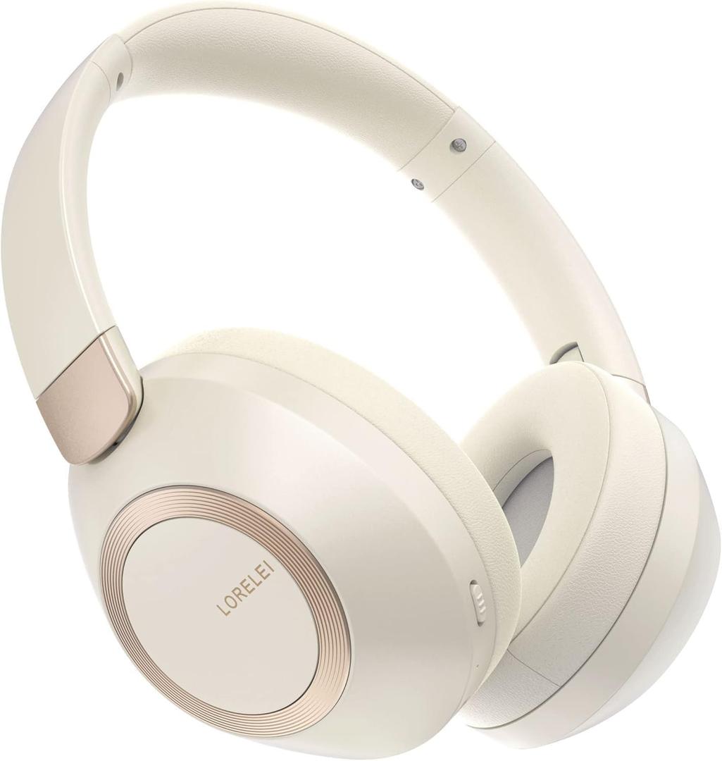 LORELEI B-C6 Wireless Over Ear Headphones, 50H Playtime Foldable Lightweight Bluetooth Headsets, Deep Bass, Built-in Microphone, Memory Foam Earmuff, for Travel, Home Office (Beige White)