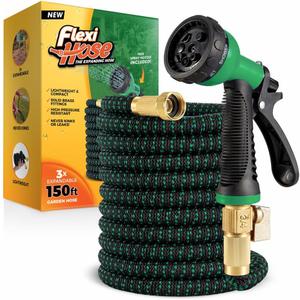 Flexi Hose with 8 Function Nozzle, 150FT - Lightweight Expandable Garden Hose, No-Kink Flexibility, 3/4 Inch Solid Brass Fittings and Double Latex Core - Black and Green