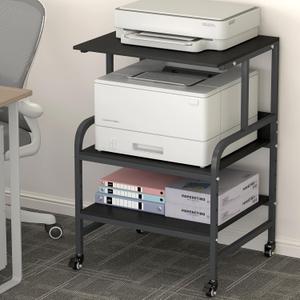 Black Printer Stand, Large Printer Table with Wheels, 32.48 X 22.05 X 18.9 Home Office Rolling Stand with Adjustable Shelf, Heavy Duty Printer Cart for Scanner, Fax, Black Ebony