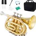 YAYUZEST Pocket Trumpet B Flat Brass Bb Pocket Trumpet with Mouthpiece 7C, Cleaning Cloth, Hard Case, Gloves (Gold)