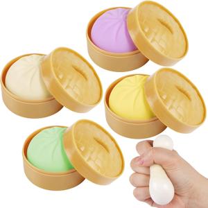 4 PCS Colorful Dumpling Squishes Stress Balls Fidget Sensory Toys,Simulation Food Squishies Bun with Little Steamer Squeeze Dough Ball Stress Relief Hand Toy,Anti-Anxiety Stretchy Toy for Kids Adult