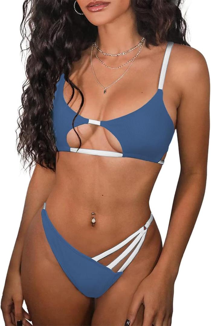 ZAFUL Women's Sexy Cutout Bikini Thong Bikini Set Tie Back Two Piece Swimsuit Bathing Suit (2-blue&white)