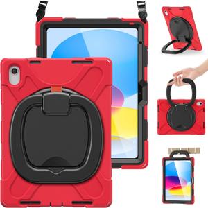 BRAECN Kids Case for iPad (A16) 11th/10th Generation 11/10.9'' 2025/2022, Heavy Duty Rugged Silicone Cover w/Swivel Ring Stand/Stable Kickstand/Shoulder Strap/Pencil Holder/Screen Protector, Red