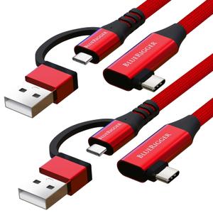 BlueRigger 2-in-1 USB C to USB C & USB A Cable (10FT, 90W PD Fast Charging, 480Mbps, 90D Right-Angle Type-C Charger Cord) - Compatible with MacBook, iPad, iPhone, Samsung, Car Charger - (2-Pack)