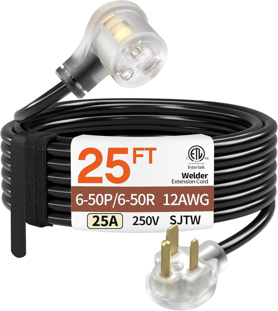 25FT 25 Amp 12 Gauge 3 Prong Welder Extension Cord, NEMA 6-50P to NEMA 6-50R, Heavy Duty 250V Welding Extension Cable with LED Indicatorfor Lincoln, Plasma, Miller, SJTW, ETL Listed