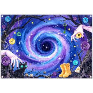 Fabric 7x5ft Horror Movie Halloween Backdrop | Spooky Cartoon Button Black Cat Photography Background, Space Galaxy Banner, Kids Birthday Party Decorations, Photo Props