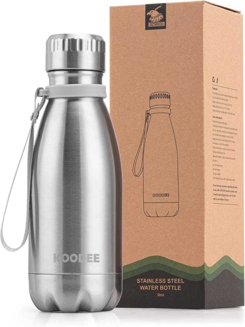 koodee 12 oz Water Bottle for Kids, Stainless Steel Double Wall Vacuum Insulated Sports Bottle Cola Shape Leak-Proof Flask (Silver)