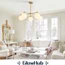 GlowHub Glass Globe Chandelier, Modern Brass Gold Pendant Light with Milk White Glass Shades, Sputnik Chandelier 5-Light Hanging Ceiling Light Fixture for Dining Room Kitchen Foyer, 30 Inches Wide