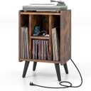 Giantex Record Player Stand, Turntable Stand with Charging Station, Mid-Century Modern Nightstand with 4 Storage Compartments, Vinyl Record Cabinet for Living Room Bedroom (Rustic Brown)