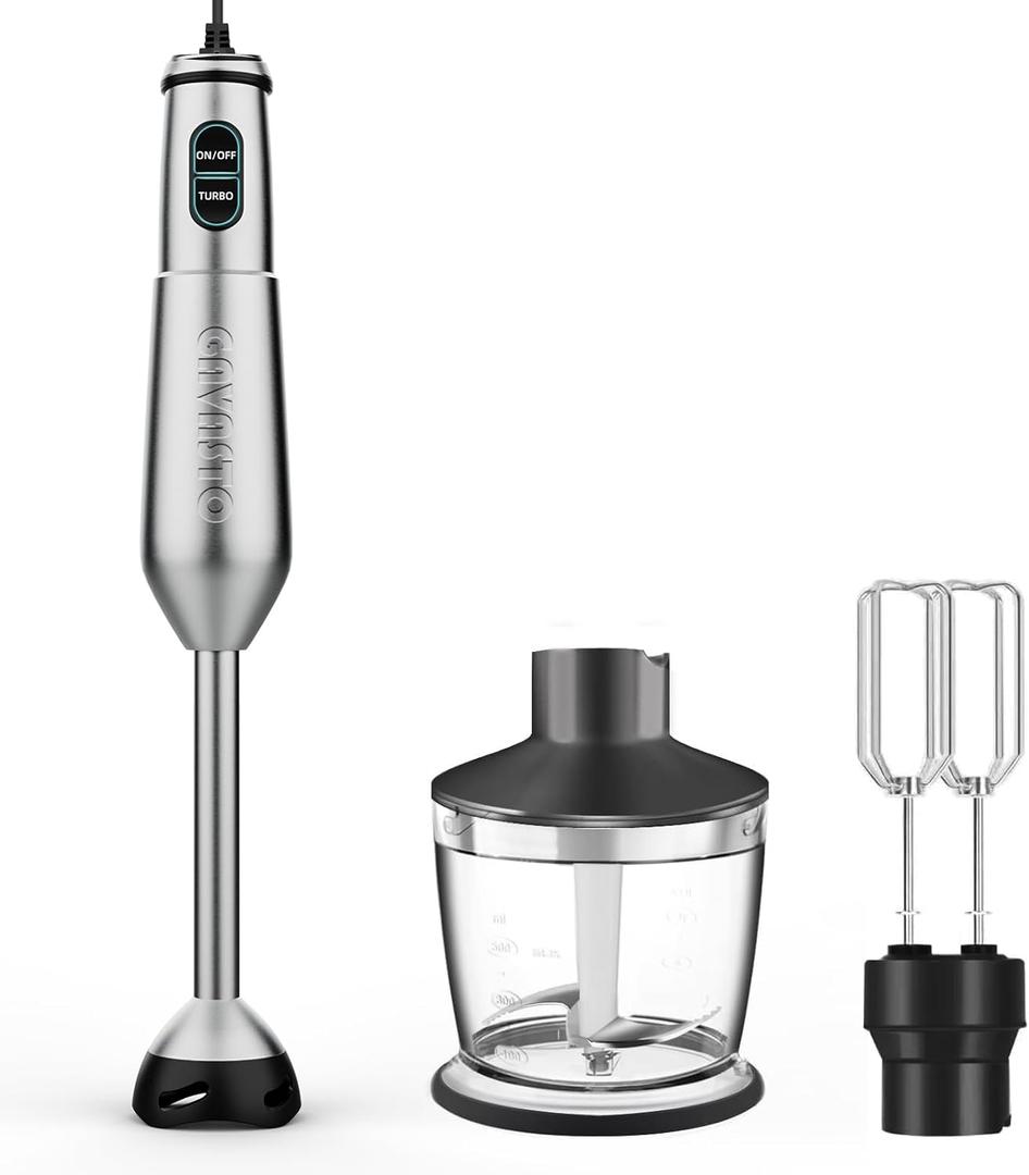 Immersion Blender 1000 Watts Scratch Resistant Hand Blender,20 Speed and Turbo Mode Hand Mixer, 3-in-1 Heavy Duty Copper Motor Stainless Steel Smart Stick with Egg Beaters and Chopper (Grey)