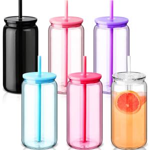Blushtier 6 Acrylic Mason Jars with Lids and Straws 16 oz Drinking Plastic Tumbler with Straw Iced Coffee Cups Water Bottles Mugs for Wedding Party Favor Water Milk Beer Juice Beverage (Colorful)