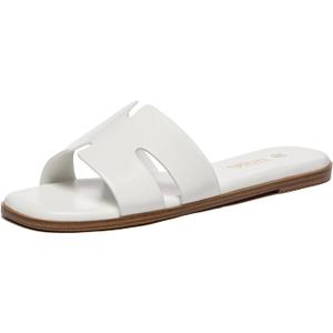 Rihero Women's Dressy Flat Sandals Comfortable Slip On Leather Slide Sandals (White, 7.5)