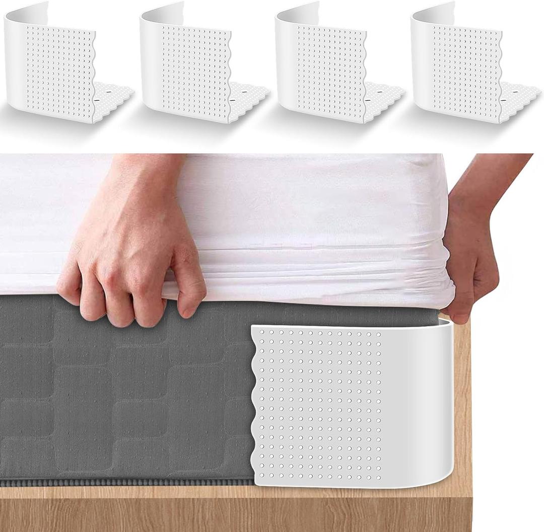4PCS Bed Sheet Holders Straps Fitted for Thin Mattress,Keep Sheets in Place Corner Fastener Heavy Duty, Bedsheet Strap Grippers Stay Firm Bed Sheet Tightener Fit,Adjustable Hold Non-Slip (White)