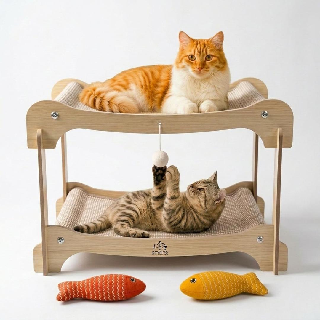 PAWLINA Large 2-in-1 Cat Scratcher Bed, 2-Tier Sisal Cat Lounge, Converts into Two Separate Beds with 2 Catnip Toys