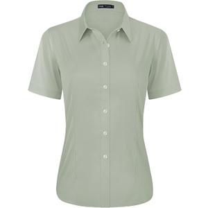 J.VER Womens Button Down Shirts Stretch Wrinkle Free Formal Short Sleeve Dress Shirt Summer Work Blouses Business Casual Tops (X-Large, Avocado Green)