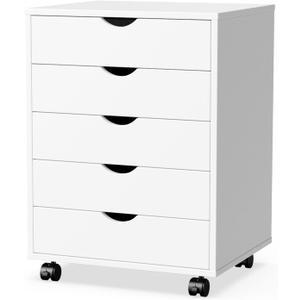 Elevon 5 Drawer Chest, Storage Cabinets Wooden Mobile Cabinet with Wheels Room Organizer, Small Drawers Wood Organization Furniture for Office, Home, White