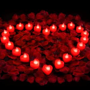 Amagic 2000 Pieces Red Artificial Rose Petals with 24 Red Heart LED Tea Lights, Rose Petals and Candles Set for Proposal, Anniversary, Romantic Night, Wedding Decor