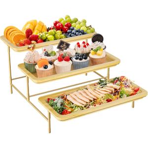 Lifewit 3 Tier Bamboo Serving Tray for Party Supplies, 14" x 6.5" Platters for Serving Food, Reusable Trays with Gold Metal Display Stand for Veggie, Fruit, Cookies, Dessert