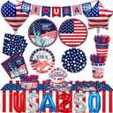 154pcs 4th of July Party Supplies Set for 24 Guests, Patriotic Decorations and Tableware with Paper Plates, Napkins, Cups, Cutlery, Tablecloth, USA Banner, Balloons for Independence Day Memorial Day