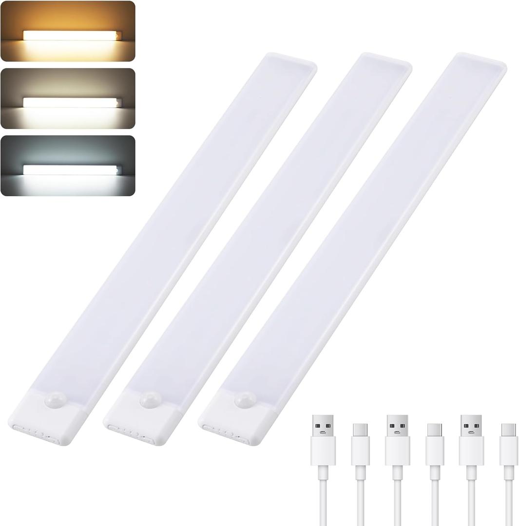 Wireless Under Cabinet Lighting 12 Inch 3 Pack, 1500mAh Magnetic Motion Sensor Light USB C Rechargeable Closet Lights, 3 Color Dimmable LED Night Light Stick on Under Counter Lights for Kitchen Stairs