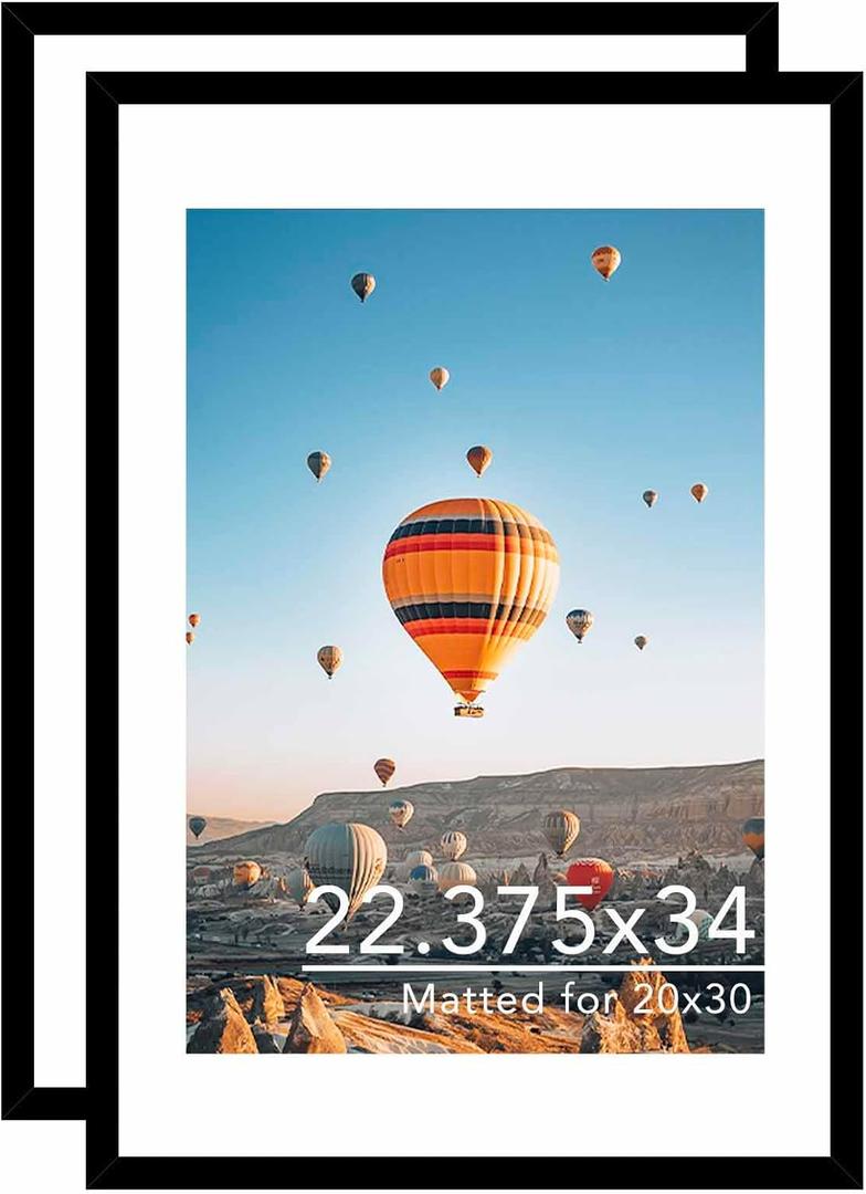 JCJMY 22.375x34 Picture Frame with 20x30 Mat Set of 2, Display Photo 20x30 with Mat or 22.375 x 34 Without Mat, Wall Hanging Large 22.375 by 34 Poster Frame with Plexiglass, 2 Pack, Black