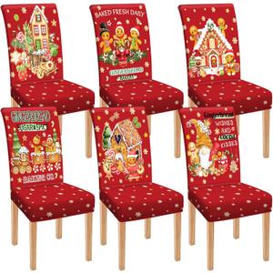 Moukeren 6 Pcs Christmas Dining Chair Covers Removable Washable Stretch Slipcovers for Xmas Restaurant Farmhouse Kitchen Hotel Decor Supplies (Gingerbread Man)