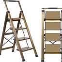 XinSunho 4 Step Ladder, Aluminum 4 Step Stool with Retractable Handrail and Anti-Slip Wide Pedal, Folding Stool Ladders 4 Steps, 330lbs Safety Household Slim Ladder (Brown Gold)