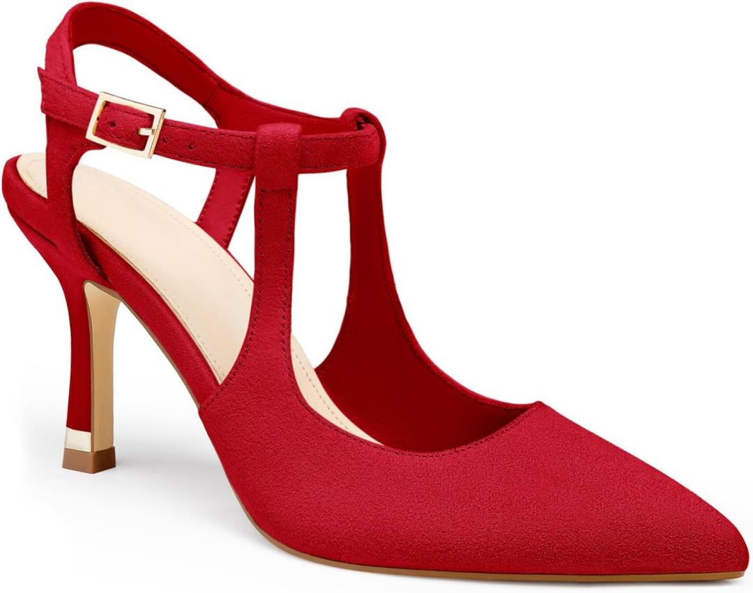Coutgo Womens High Heels Pointed Toe Ankle Strap Pumps Patent Leather Sexy Stiletto Office Wedding Dress Shoes (9, B-suede Red)