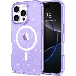 Hython for iPhone 16 Pro Max Case Glitter, Clear Glitter Sparkly Shiny Bling Sparkle Cute Cover, Anti-Scratch Soft TPU Slim Fit Shockproof Protective Phone Cases for Women Girls, Magnetic Purple