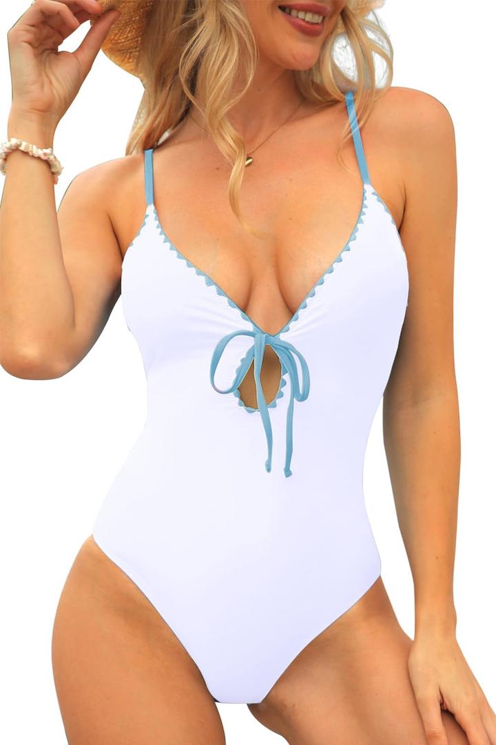 CHYRII Women's Sexy Cutout Scalloped One Piece Swimsuit V Neck Bathing Suit Swimwear (Medium, White)