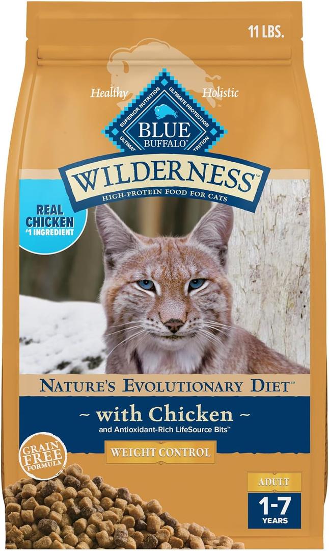 Blue Buffalo Wilderness High-Protein, Grain-Free Natural Dry Food for Adult Cats, Weight Control, Chicken, 11-lb Bag (EXP 08/21/25)