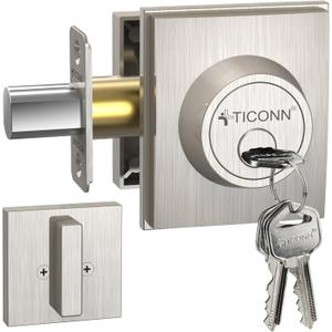 TICONN Front Door Handle Set, Heavy Duty Square Door Lever & Single Cylinder Deadbolt Combo Reversible for Entrance Exterior Doors (Deadbolt Only) (Satin Nickel)