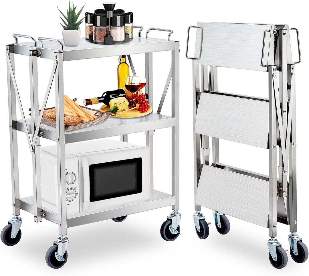 Garvee Heavy Duty Folding Utility Cart, Stainless Steel Collapsible Service Cart 133 LBS Large Loading per Shelf, Sturdy 3-Tier Rolling Cart with Wheels Lockable for Restaurant Garage Office Outdoor