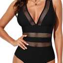 EVALESS One Piece Swimsuit Women Tummy Control Sexy Mesh V Neck Swimwear Summer 2025 High Waisted Cross Back Bathing Suits, Medium,  Black