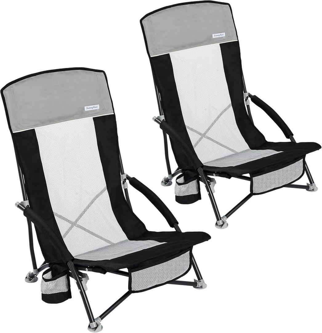 SUNNYFEEL Folding Beach Chair, High Back Beach Chairs for Adults, Lightweight Portable Camp Chair 300lbs Heavy Duty with Carry Bag, Cup Holder for Outdoor Travel Picnic Concert, 2 Pack, Black, 1.81 ft x 2.24 ft x 2.66 ft