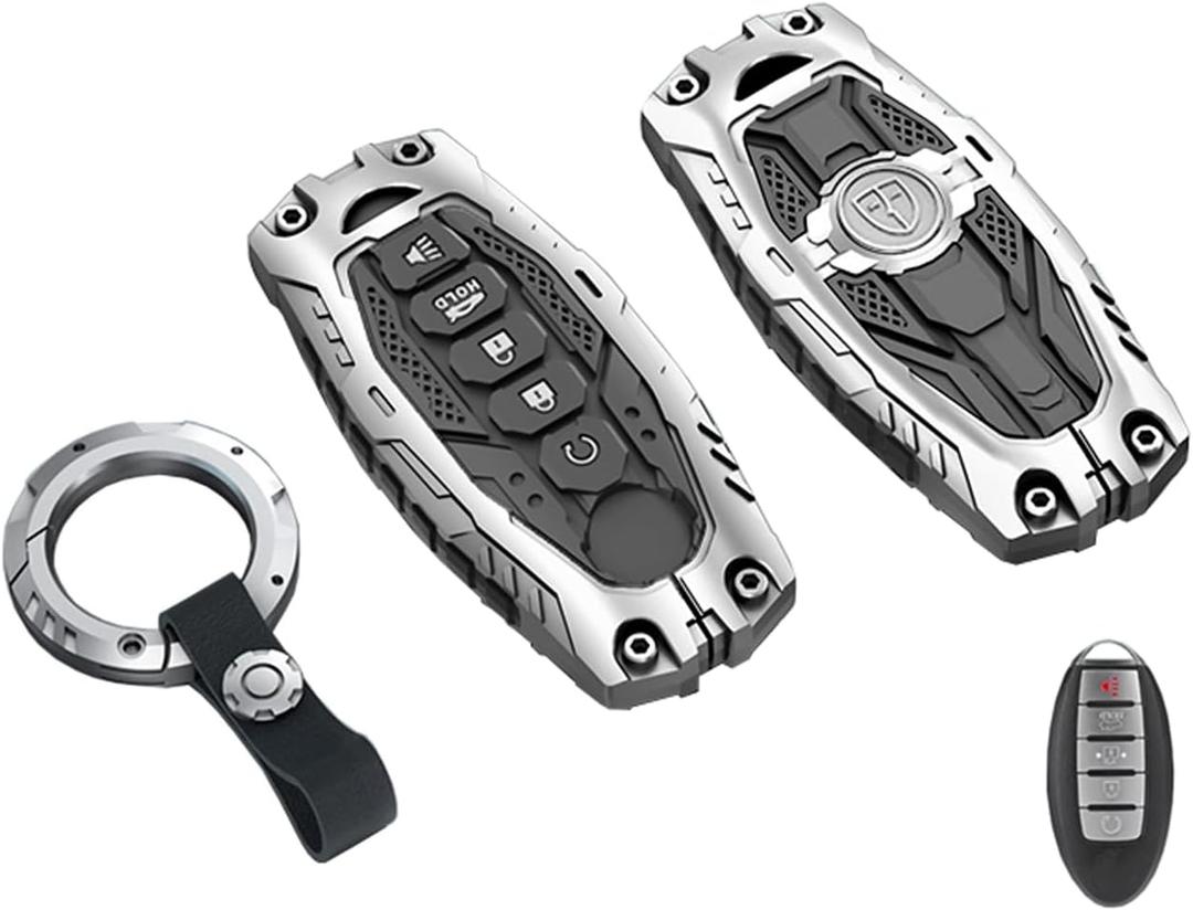 Heavy Duty Key Fob Cover for Nissan Altima Armada Maxima Murano Pathfinder Rogue Titan Armada Versa Sentra Zinc Alloy Keyless Entry Key Fob Case Protector with Keychain 5 Buttons (Silver)