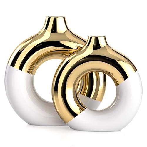 White and Gold Ceramic Vase Set of 2,Round Donut Hollow Flower Vases for Home Decor Accents,Modern Minimalist Centerpiece Table Decorations,Wedding,Living Room,Bookshelf,Office,Entryway