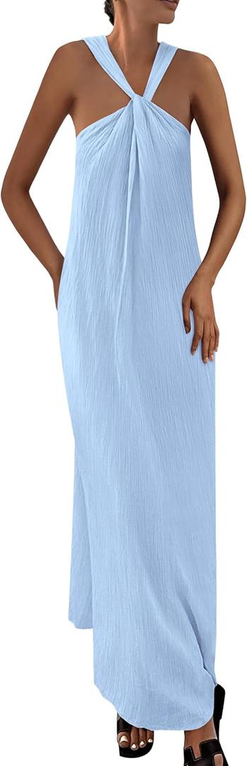 PRETTYGARDEN Womens 2026 Casual Long Summer Dresses Sleeveless Strappy Loose Flowy Beach Vacation Maxi Dress with Pockets (Small, Blue)