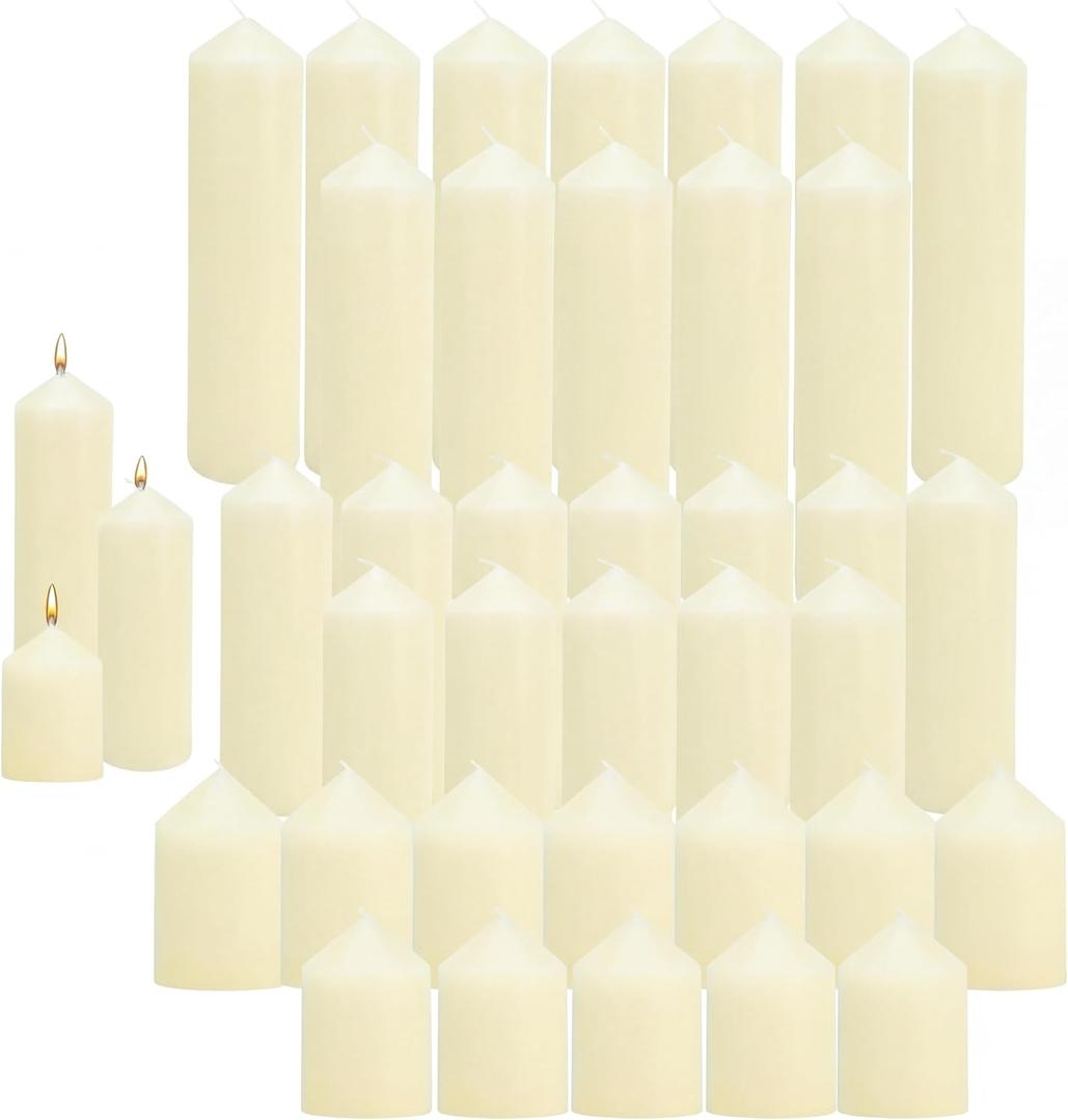36 Pcs Individually Wrapped Pillar Candles Bulk, 2x3 2x6 2x8 Inch, Unscented Dripless Smokeless, Hurricane Candles for Wedding Party, Spa, Home Decor (36 Ivory Pointed-tip, 2 x 3/6/8 Inch)