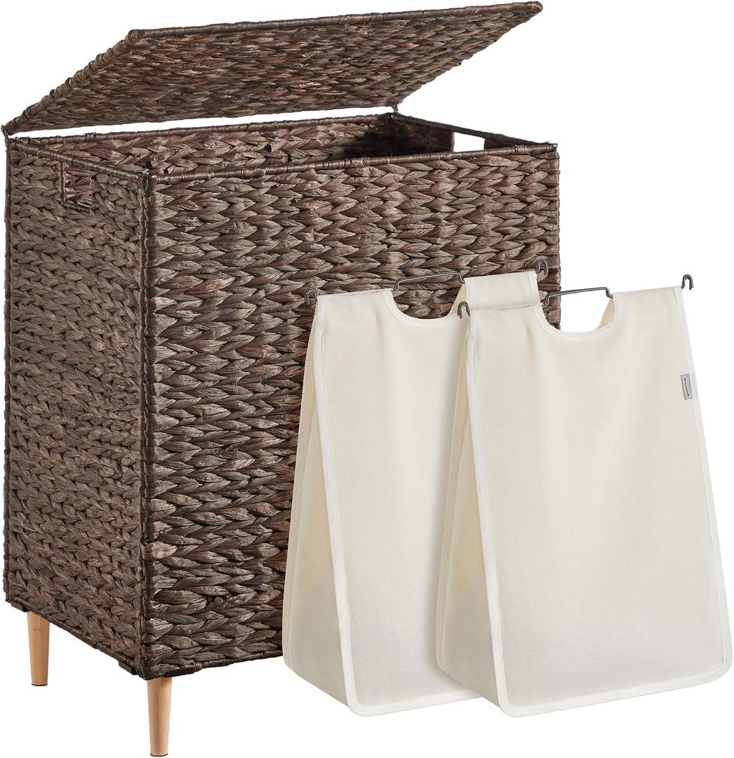 SONGMICS Laundry Hamper 2 Sections, 34.3 Gal. (130 L) Handwoven Water Hyacinth Wicker Laundry Basket with Lid, Natural Material, Removable Machine Washable Liners, Handles, Espresso ULCB202K01