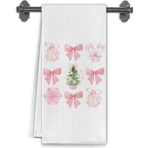 Pink Coquette Bow Chinoiserie Christmas Kitchen Towels, Preppy Christmas Dish Tea Towels for Kitchen Decor, Xmas Tree Bauble Snowflake Decorative Hand Towel for Bathroom, 16x24 Inch