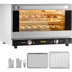 VEVOR Commercial Convection Oven, 47L/43Qt, Half-Size Conventional Oven Countertop, 1600W 4-Tier Toaster w/Front Glass Door, Electric Baking Oven w/Trays Wire Racks Clip Gloves, 120V