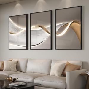 Large Framed Modern Luxury Abstract Wall Art for Living Room, 3 Piece Contemporary Elegant Bright Prints Paintings, Minimalist Grey Gold Line Pictures for Bedroom, Entryway, Office Wall Decor 24x36 In (Soft Flow Series)