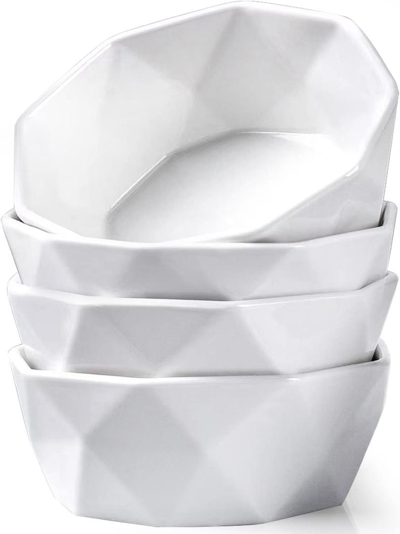 DELLING 22 Oz Geometric Cereal Bowls, White Soup Bowls Dessert/Snack Bowls Set for Rice Pasta Salad Oatmeal, Microwave/Dishwasher/Oven Safe Set of 4