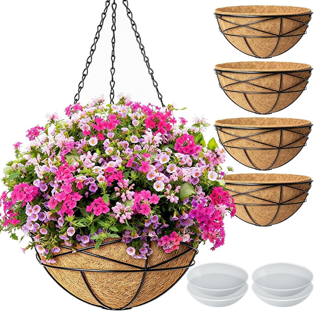 4 Pack 14 Inch Hanging Baskets for Plants Outdoor Large Flower Planters with Coco Liner for Outside Panting Watering Plant Pot Holder for Home Garden Porch Balcony Railings Decor