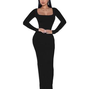 Doweha Women's Square Neck Long Sleeve Maxi Dress Sexy Knit Bodycon Long Dress for Women (XX-Large)