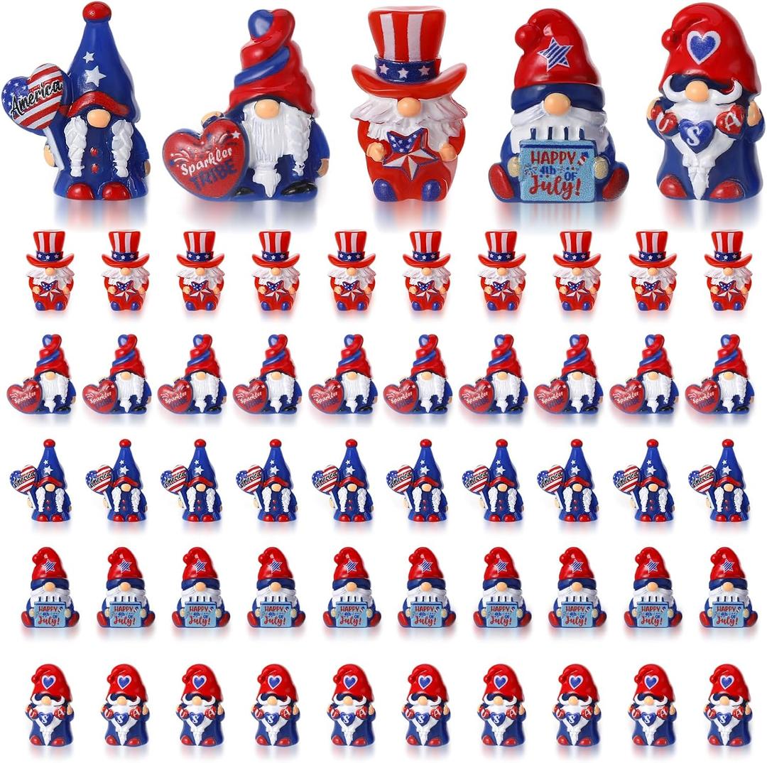 60 Pcs 4th of July Mini Gnomes Figurines Tiny Gnome Figures Independence Day Patriotic Mini Resin Gnomes Memorial Day Decor for Desktop Moss Landscape Cake Decor Party Favors