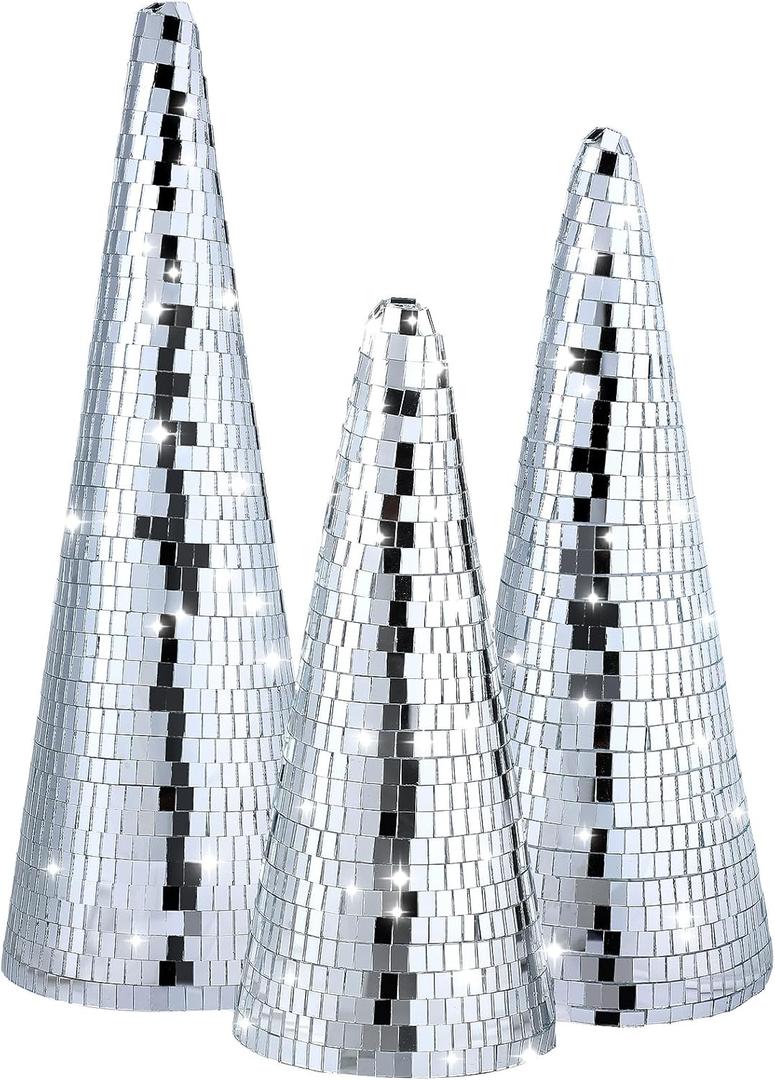 Ceenna 3 Pcs Disco Christmas Decor Cone Tree 13" 11" 9.8" Silver Mirror Christmas Cone Tree 80s 90s Xmas Table Centerpiece Decoration Handmade Shiny Tabletop Xmas Craft Ornament Birthday Home Decor